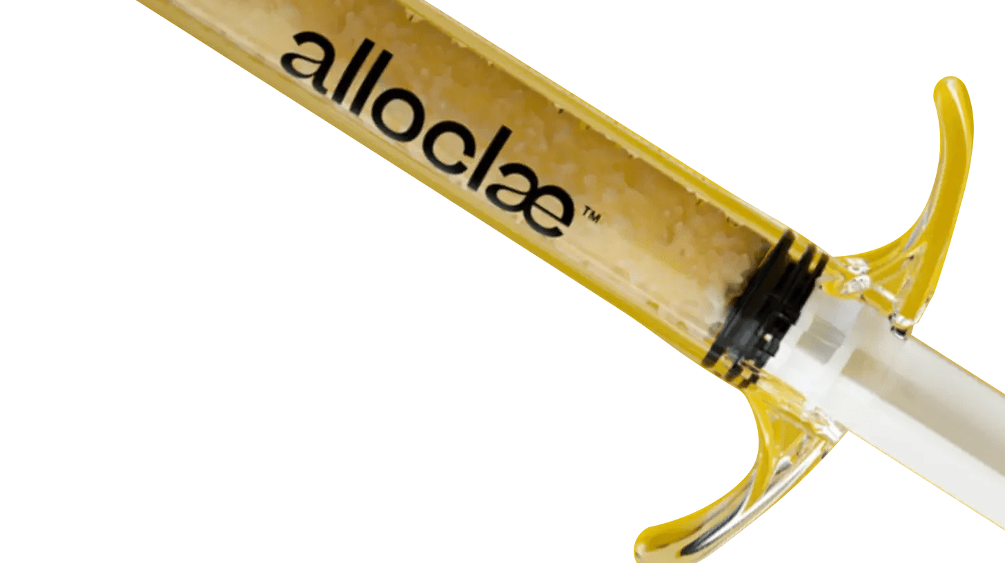 AlloClae syringe packaging product art from Tiger BioSciences showing adipose filler texture